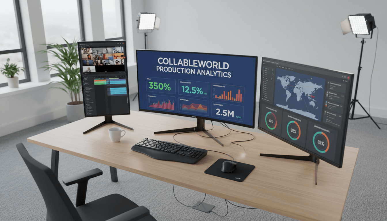 A modern, bright workspace aesthetic wide shot of a performance content production setup