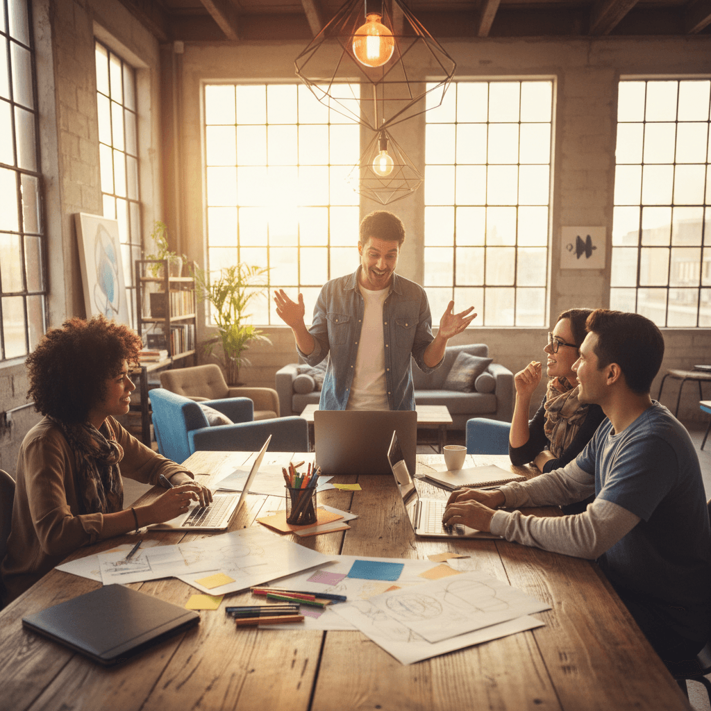 Diverse creators collaborating and sharing ideas in studio