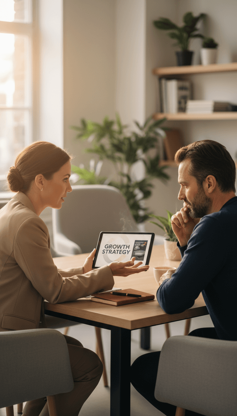 Marketing strategist and client in engaged consultation, discussing campaign concepts with tablet in warm, professional meeting space