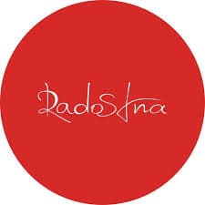 White cursive text reading "Radostna" centered within a solid red circular background.